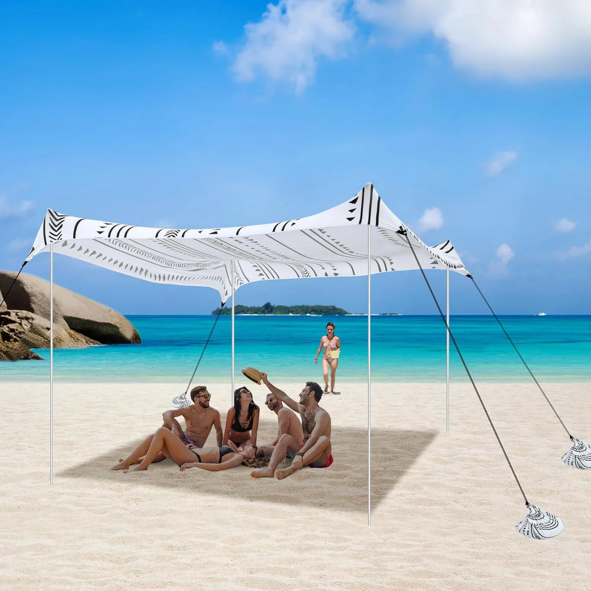 Beach Tent, UPF 50+ Beach Canopy Sun Shade, Portable 10×10 FT Large Pop-Up Beach Tent Sun Shelter with Sand Anchors, Ground Pegs, Easy Setup for Beach, Camping, Park, and Backyard Fun