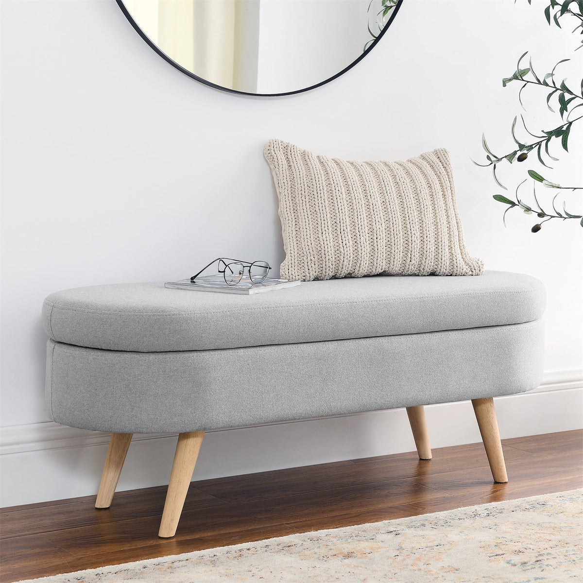 43.5" Oval Storage Ottoman Bench with Solid Wood Legs, Linen Fabric Upholstered Entryway Bench with Safety Hinge, Indoor Bench for End of Bed, Sofa Side, Entryway