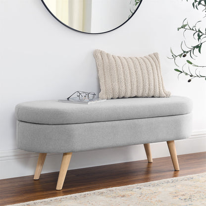 43.5" Oval Storage Ottoman Bench with Solid Wood Legs, Linen Fabric Upholstered Entryway Bench with Safety Hinge, Indoor Bench for End of Bed, Sofa Side, Entryway