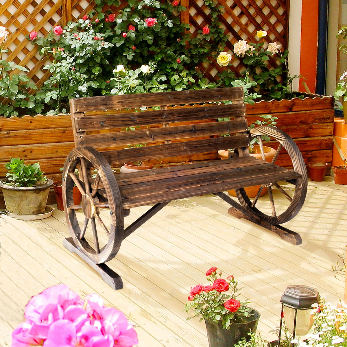 DUOSONG Outsunny 41" Wooden Wagon Wheel Bench, Rustic Outdoor Patio Weather Resistance Furniture, 2-Person Slatted Seat Bench With Backrest, Carbonized Brown Wood Garden & Outdoor Outdoor & Patio