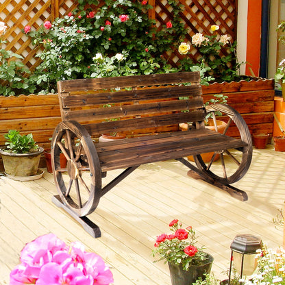 DUOSONG Outsunny 41" Wooden Wagon Wheel Bench, Rustic Outdoor Patio Weather Resistance Furniture, 2-Person Slatted Seat Bench With Backrest, Carbonized Brown Wood Garden & Outdoor Outdoor & Patio