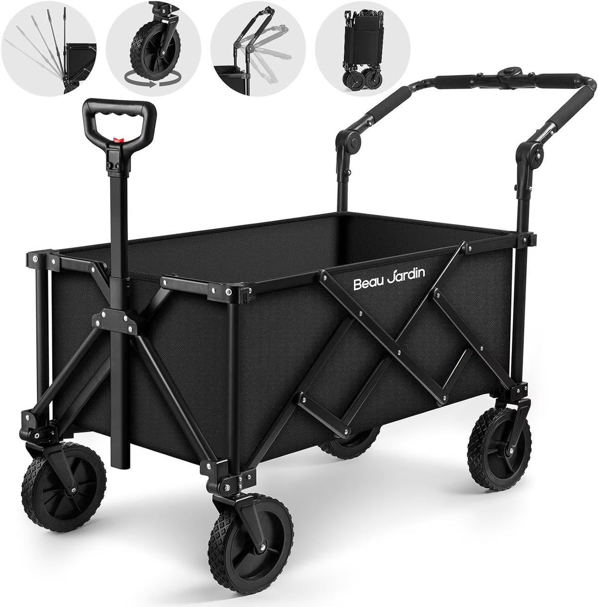 BEAU JARDIN Collapsible Folding Wagon Utility Beach Wagon Cart Foldable Heavy Duty All Terrain Camping Grocery Push Wagon for Sports Garden Shopping Black