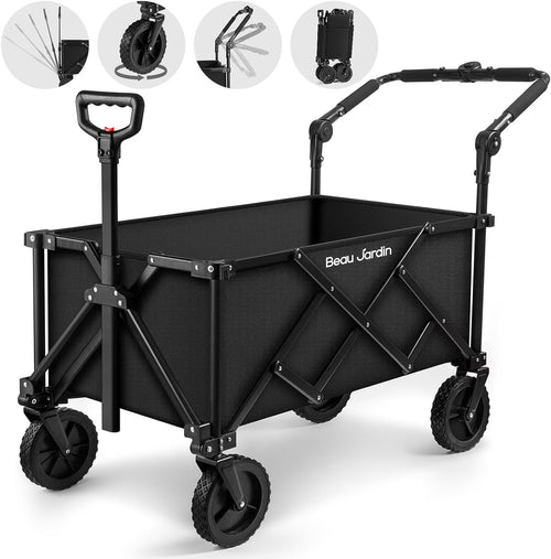 BEAU JARDIN Collapsible Folding Wagon Utility Beach Wagon Cart Foldable Heavy Duty All Terrain Camping Grocery Push Wagon for Sports Garden Shopping Black