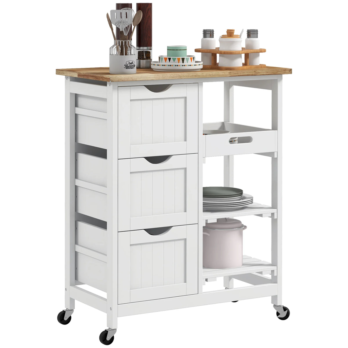 HOMCOM Rolling Kitchen Island Cart, Bar Serving Cart, Compact Trolley on Wheels with Wood Top, Shelves & Drawers for Home Dining Area, Grey