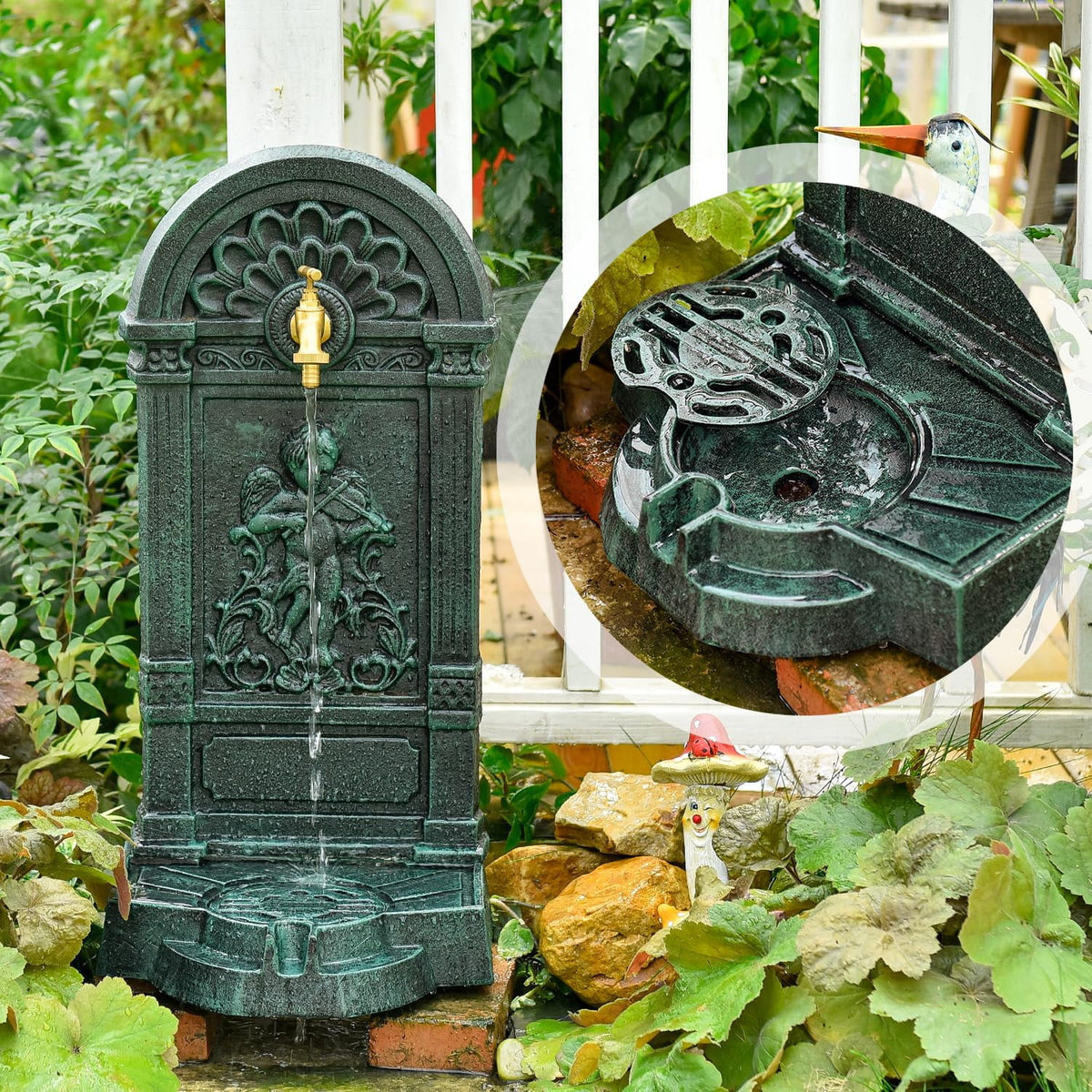 Sungmor Cast Iron Outdoor Water Column with Faucet, Freestanding Floor Farm Yard Decor, Green, 1 Count