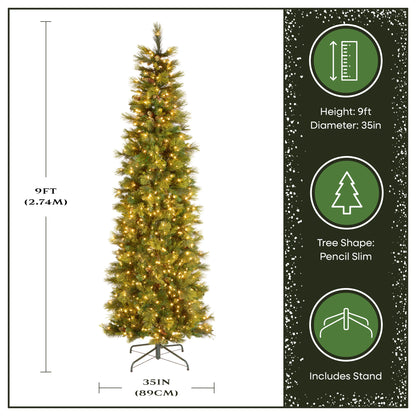 9 ft Pre-Lit Carolina Pine Slim Artificial Christmas Tree with 800 Clear Lights, Slim Profile