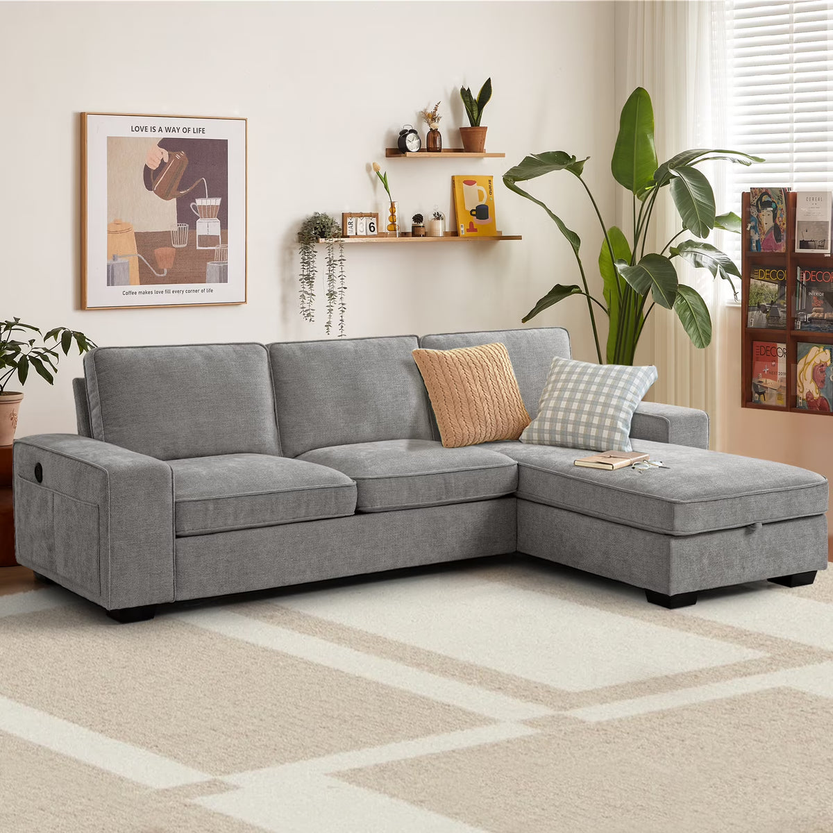 ASHOMELI 99'' Convertible Sectional Sofa,L Shaped Couch,Multi-Functional Reversible Sofa with USB and Type-C Charging Ports, Storage Space, Breathable Fabric