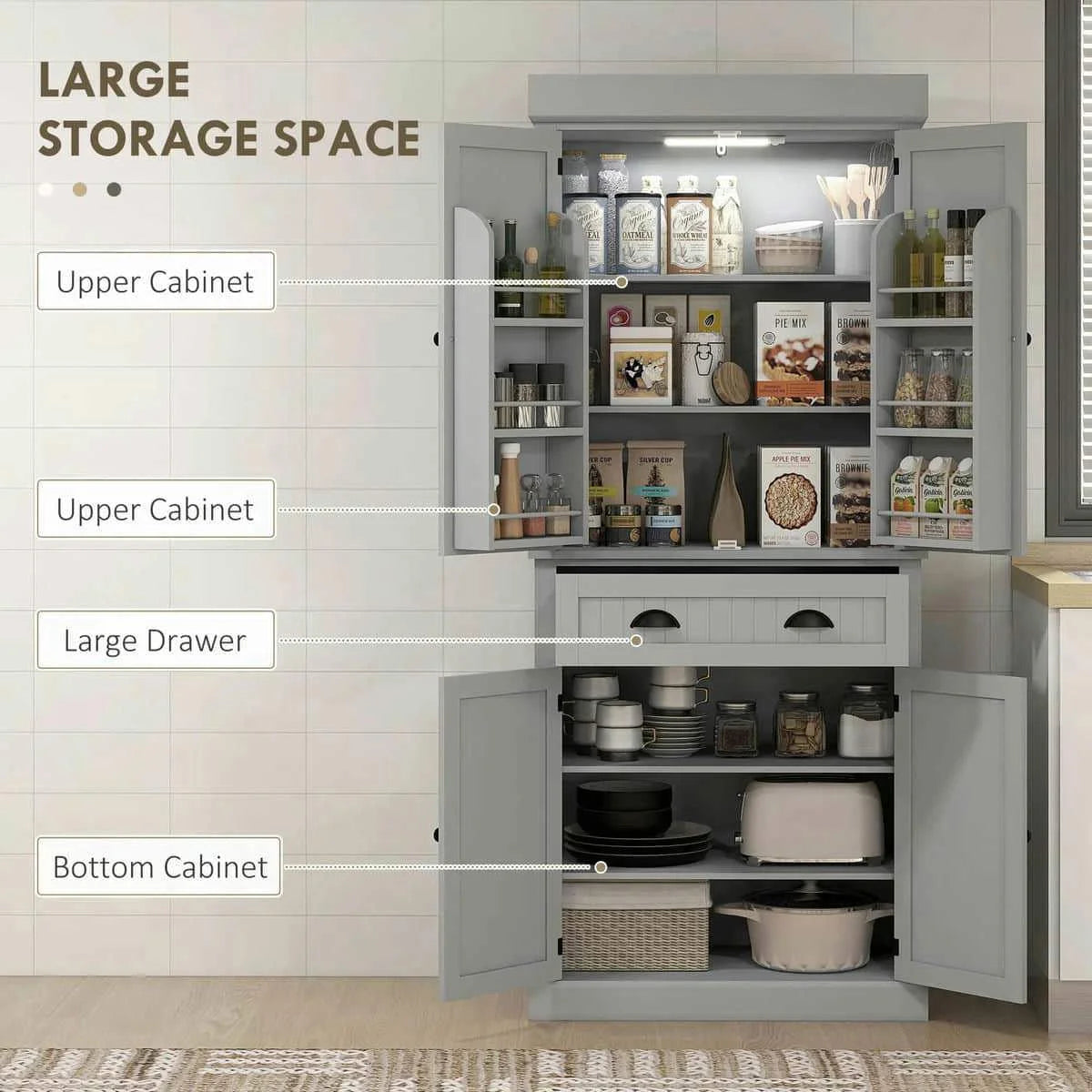 Spaco 17-Tier Kitchen Small Pantry Cabinet with 2 Doors and 6 Adjustable Shelves, Cabinet Pantry, Freestanding 5-Tier Shelving Pantries for Kitchen Storage, Gray