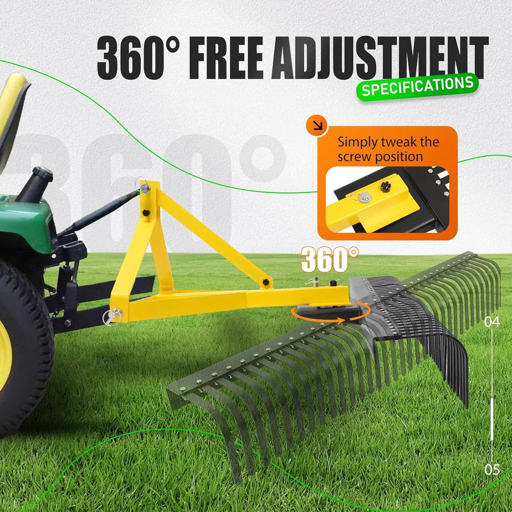KOJEM 60In Landscape Rake 3 Point Rake 360 Degree Rotation Compatible with Category 1 Cat1 Compact Tractors Tow-Behind Garden Tool for Garden Farm Clearing Brush Raking Arenas 2 Package Yellow