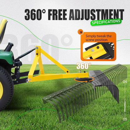KOJEM 60In Landscape Rake 3 Point Rake 360 Degree Rotation Compatible with Category 1 Cat1 Compact Tractors Tow-Behind Garden Tool for Garden Farm Clearing Brush Raking Arenas 2 Package Yellow