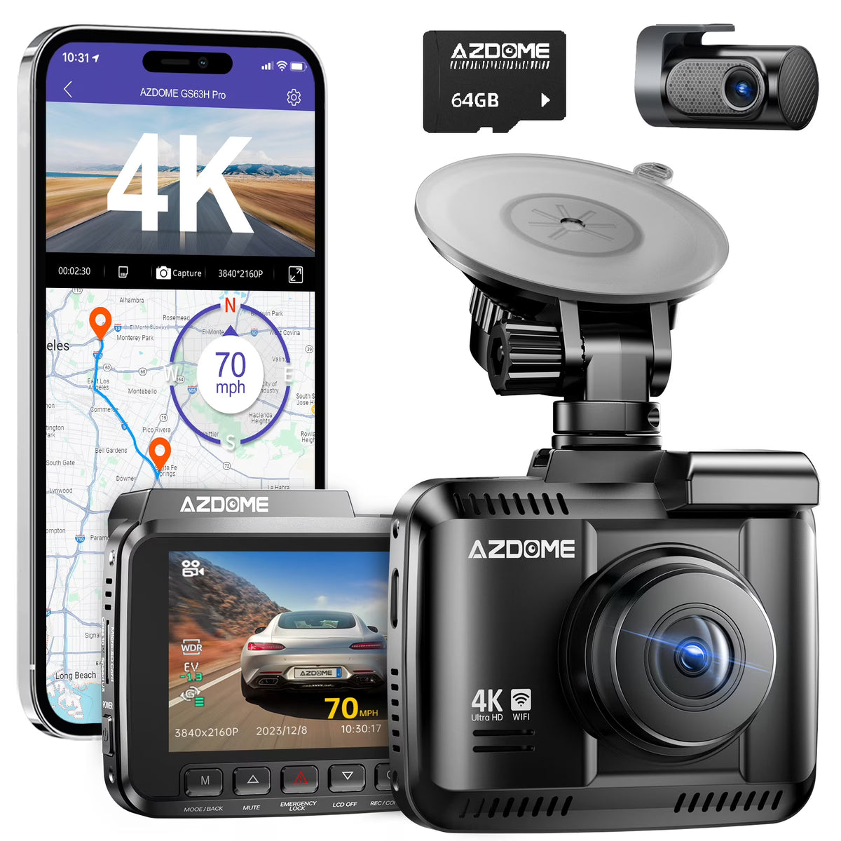 AZDOME Dash Cam Front and Rear, 4K+1080P Dual Dash Camera for Car, Dashboard Camera Built-in WiFi GPS, Free 64GB Card, Motion Detection, 24H Parking Mode, WDR Night Vision