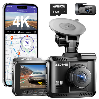 AZDOME Dash Cam Front and Rear, 4K+1080P Dual Dash Camera for Car, Dashboard Camera Built-in WiFi GPS, Free 64GB Card, Motion Detection, 24H Parking Mode, WDR Night Vision