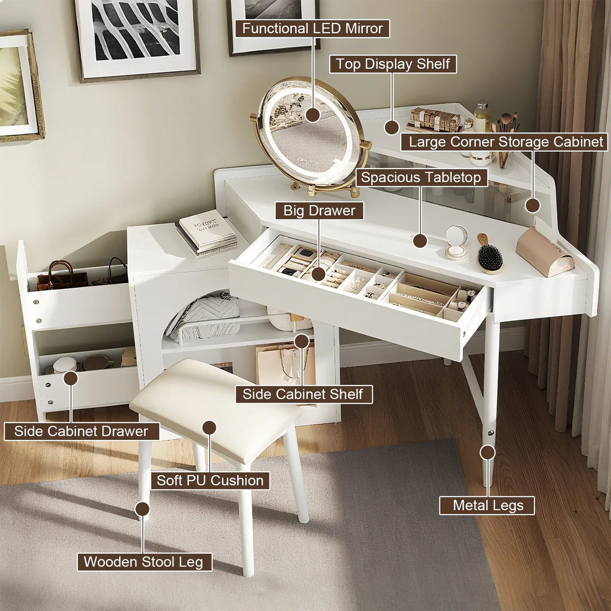 MODERNLUXE Corner Makeup Vanity Desk with Folding Mirror and Lights,Modern Vanity Set with 1 Stool,2 Drawers and 3 Shelves for Bedroom,Women, and Girls,Walnut