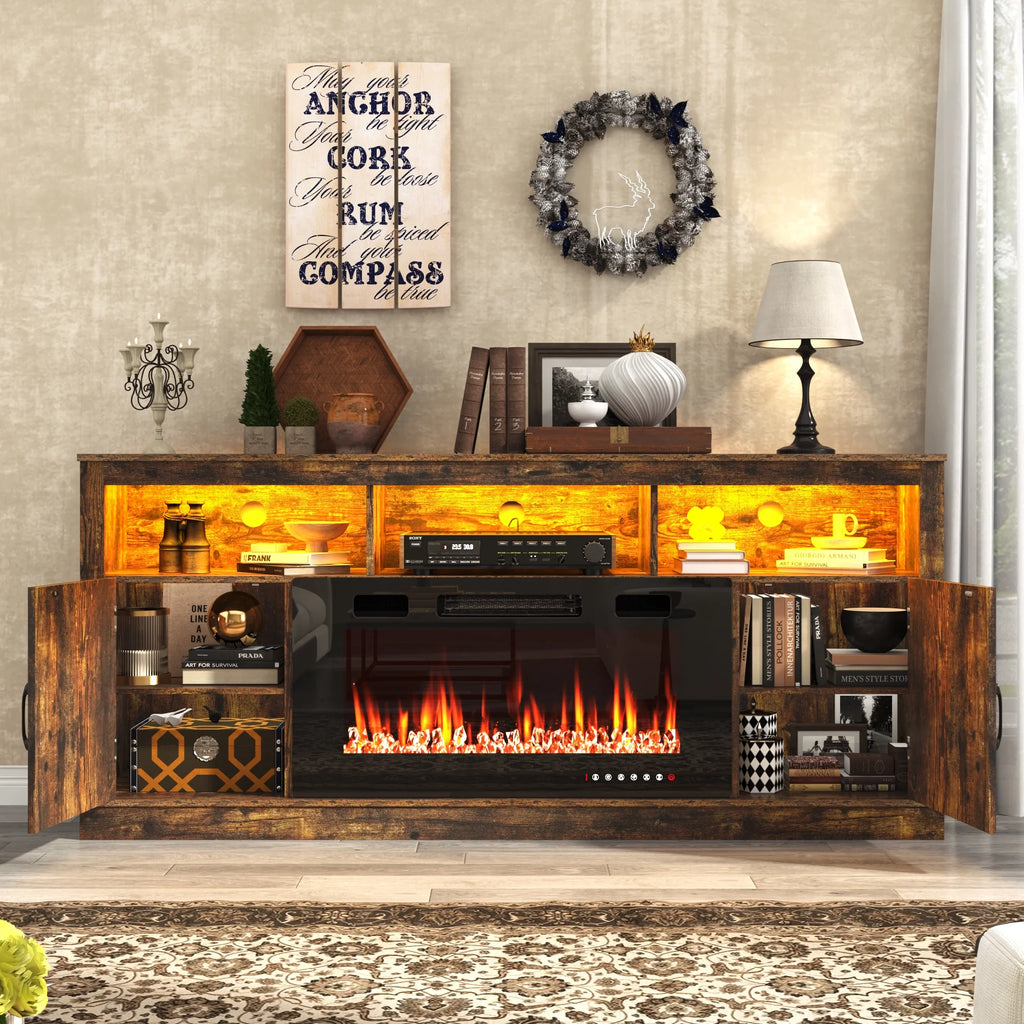 ChVans 70" Fireplace TV Stand for TVs up to 80" with 36" Electric Fireplace, Farmhouse Entertainment Center with LED, Wooden Media Console for Living Room, Bedroom