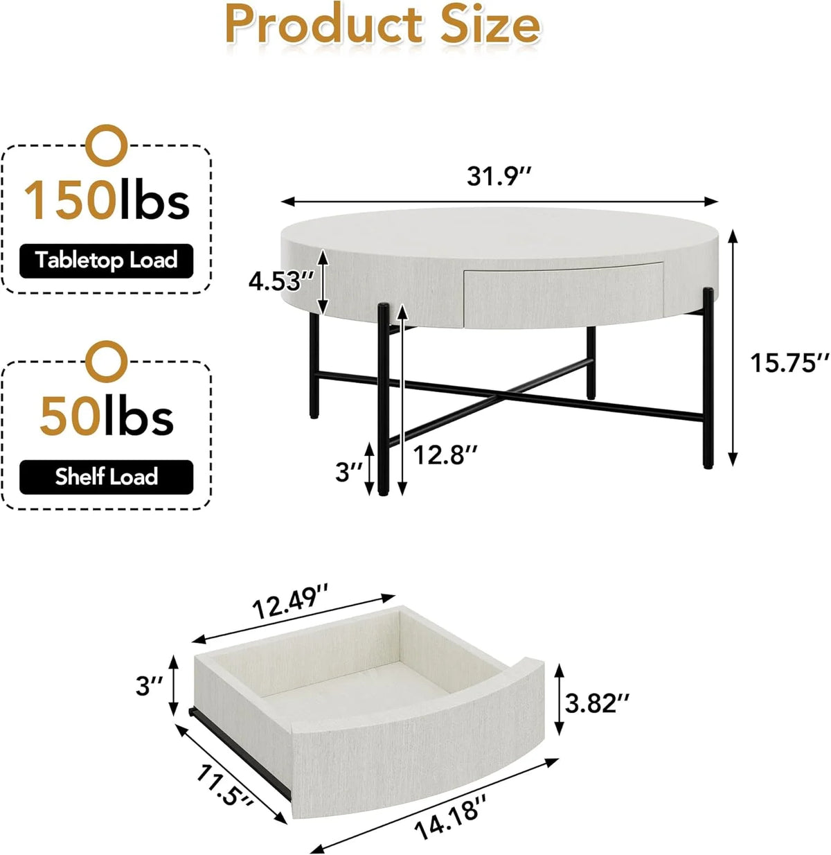 Round Coffee Table with Drawers Circle Living Room Table Wood Accent Coffee Table with Storage White Center Table (Natural)