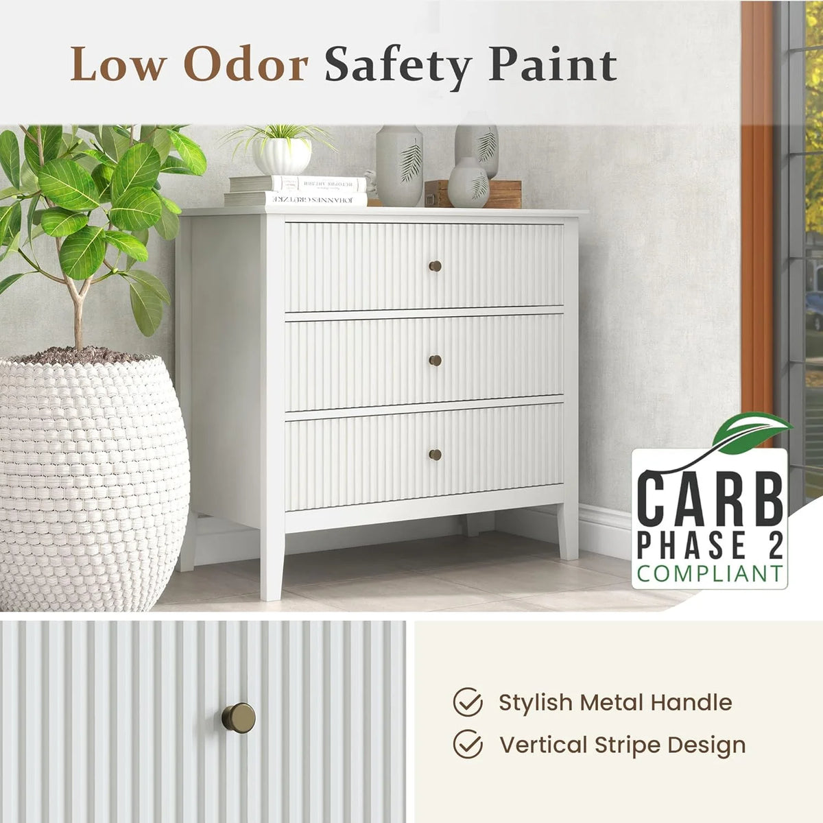 May Color Large White 3 Drawer Dresser Set of 2 with Fluted Panel, Modern Chest of Drawers with Silent Slide Drawers, Wood Accent Nightstand with Storage for Bedroom Living Room, Hallway