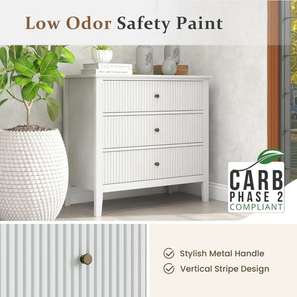May Color Large White 3 Drawer Dresser Set of 2 with Fluted Panel, Modern Chest of Drawers with Silent Slide Drawers, Wood Accent Nightstand with Storage for Bedroom Living Room, Hallway