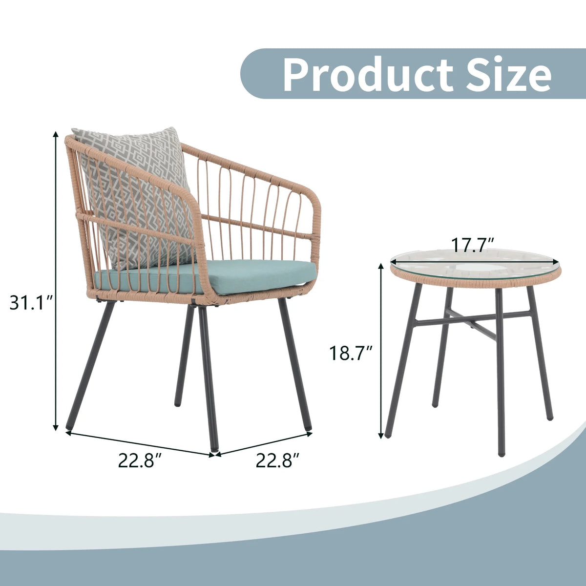 Patio Furniture Set, Betcozy3 Pieces Outdoor Chairs Set with Glass Coffee Table for Garden, Bistro, Porch, Balcony, Backyard