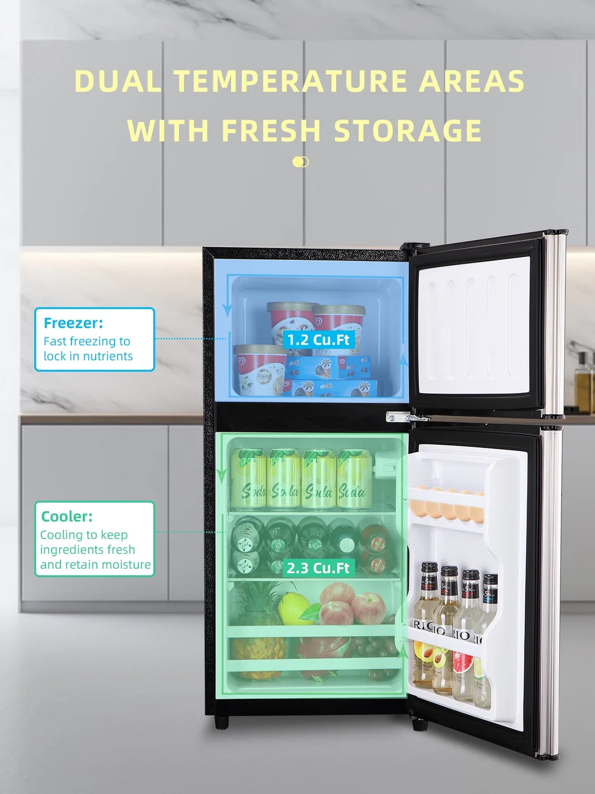Krib B Compact Refrigerator 3.5 Cu.ft, Mini Fridge with Freezer, Modern Fridge with Dual Door, 7 Grade Temperature Adjustment, Silver