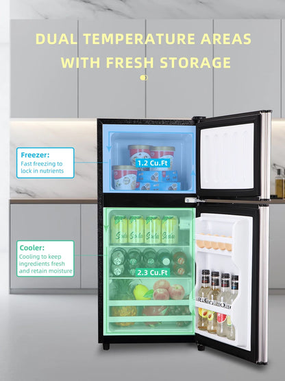 Krib B Compact Refrigerator 3.5 Cu.ft, Mini Fridge with Freezer, Modern Fridge with Dual Door, 7 Grade Temperature Adjustment, Silver