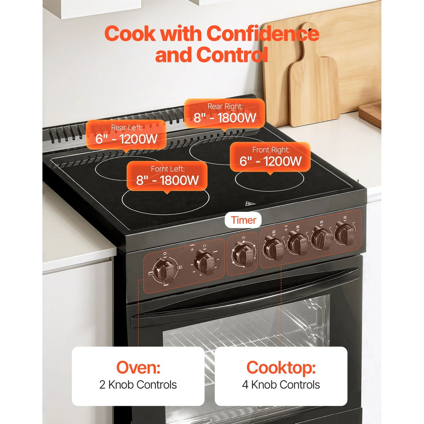 KFFKFF 24-inch Electric Range Oven, 2.7 Cu. Ft. Compact Freestanding Design, Stainless Steel Finish, Features 4 Burners, Adjustable Racks, Storage Drawer, Drip Pan, and Indicator Light, Black