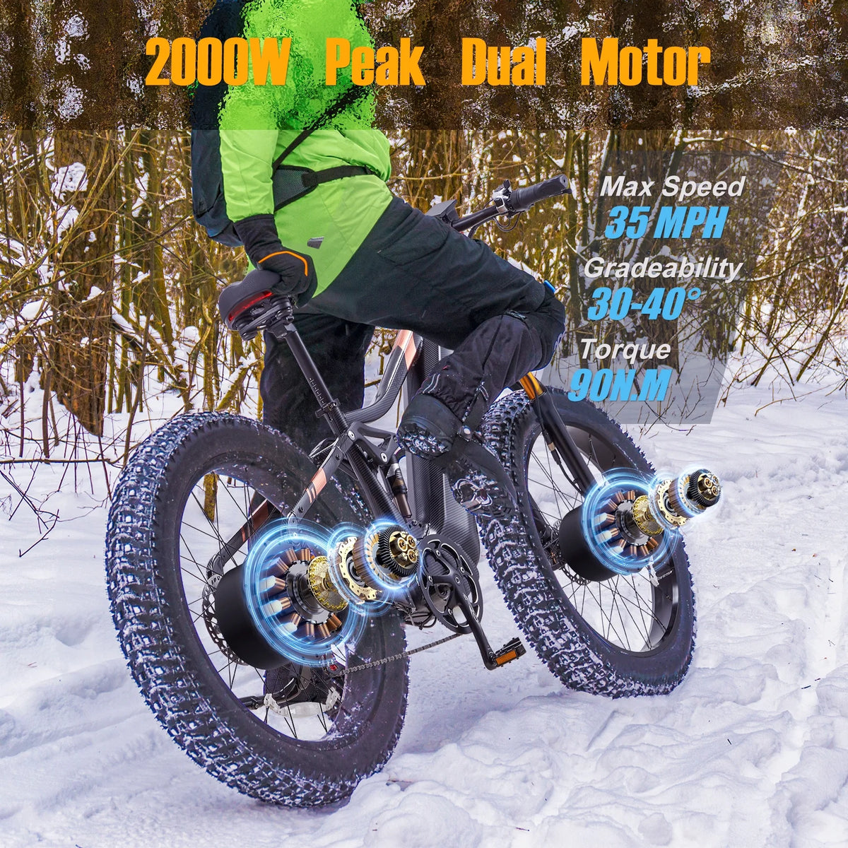 Dual Motors AWD 2000W Electric Bike for Adult 26'' UL2849 48V 30AH E-mountain bike 4.0 Fat Tire up to 35MPH&120Miles Long Range Off-road Ebike Dual Hydraulic Disc Brakes&Ful Suspension Electric Bicyc