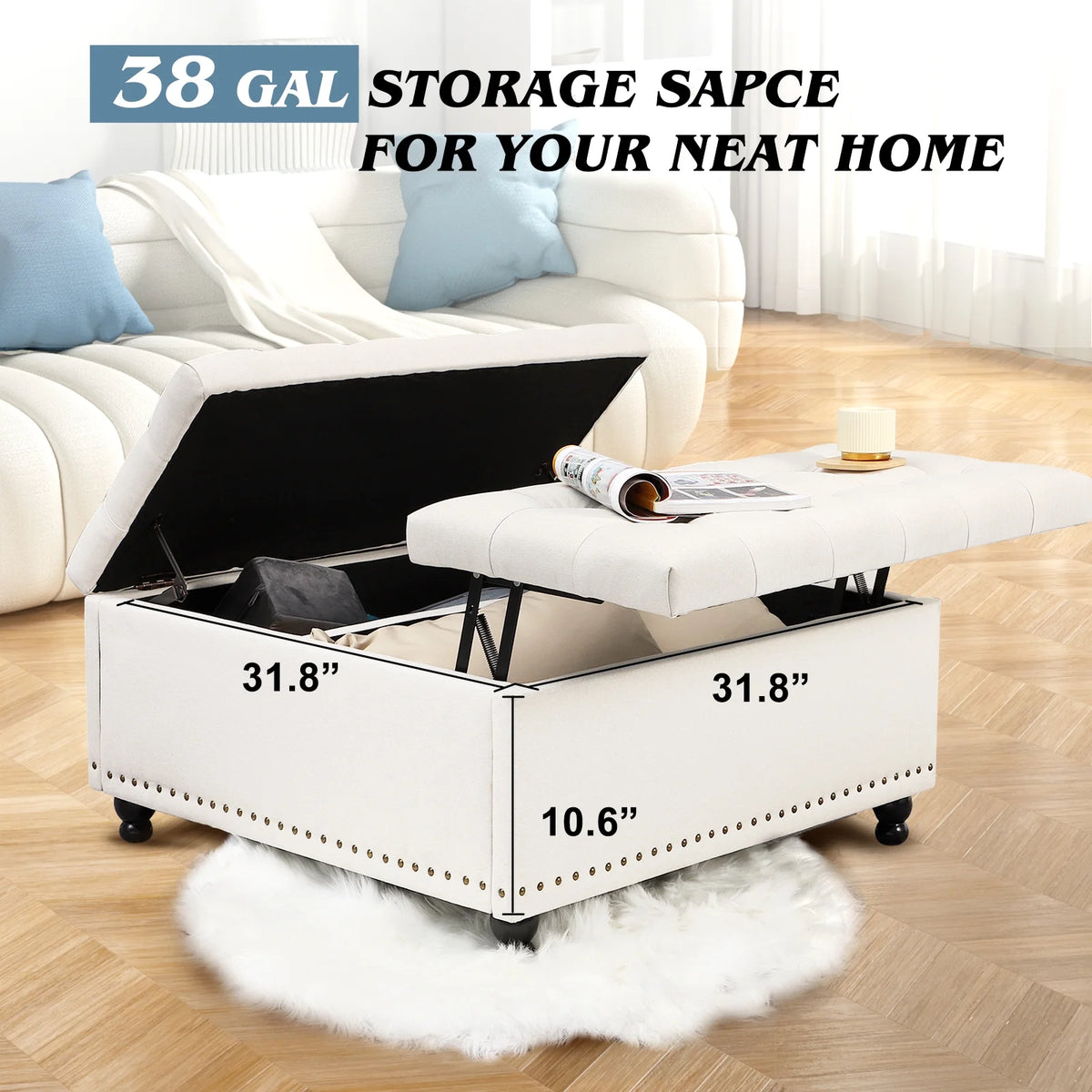 Magic Union 35" Large Square Storage Ottoman, Oversized Square Ottoman with Storage, Tufted Upholstered Ottoman Coffee Table with Lift Top for Living Room (Beige)