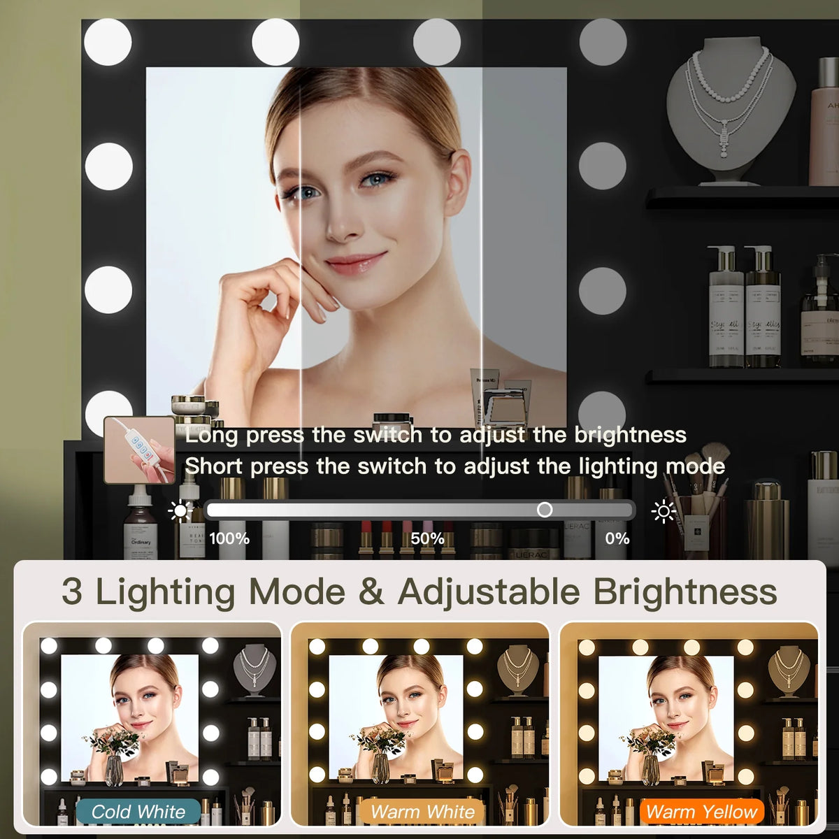 Makeup Vanity Desk with Mirror & Lights, Vanity Table with 5 Drawers & Storage Shelves, Makeup Vanity , 3 Color Modes & Adjustable Brightness Dressing Table, Bedroom, White