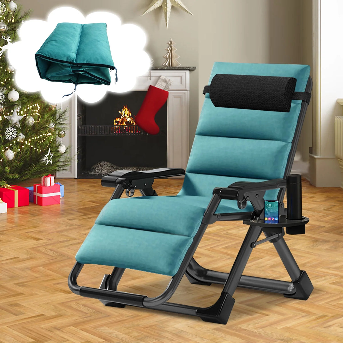 NAIZEA Zero Gravity Chair with Removable Cushion and Cup Holder Black