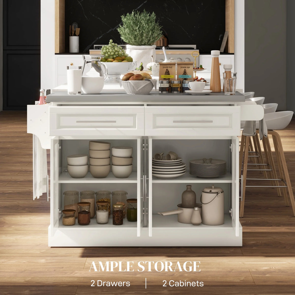 HOMCOM Multi-functional Rolling Kitchen Island Cart with Cabinets and Drawers, Portable Kitchen Storage Cabinet with Spice Rack, Towel Rack, Knife Rack, Steel Top