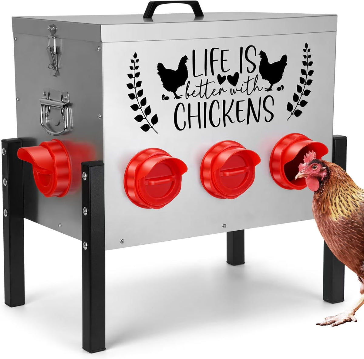 50LB Large Automatic Chicken Feeder �C 8 Feeding Ports, No-Waste Poultry Feeder, with Adjustable Legs & Locking Lid