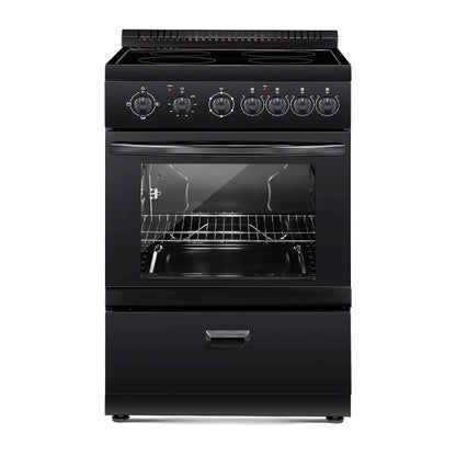 KFFKFF 24-inch Electric Range Oven, 2.7 Cu. Ft. Compact Freestanding Design, Stainless Steel Finish, Features 4 Burners, Adjustable Racks, Storage Drawer, Drip Pan, and Indicator Light, Black