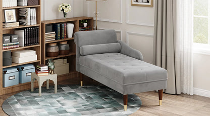 Vesgantti Velvet Chaise Lounge,59" Modern Upholstered Lounge Chair Indoor with Round Armrest Lumbar Pillow, Single Sofa for Living Room Bedroom Office,Grey