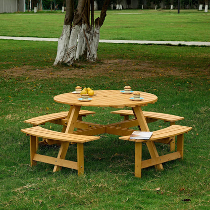 8 Person Wood Picnic Table, Outdoor Round Picnic Table with 4 Built-in Benches, Umbrella Hole, Outside Table and Bench Set for Patio, Backyard, 500lbs Capacity Per Bench