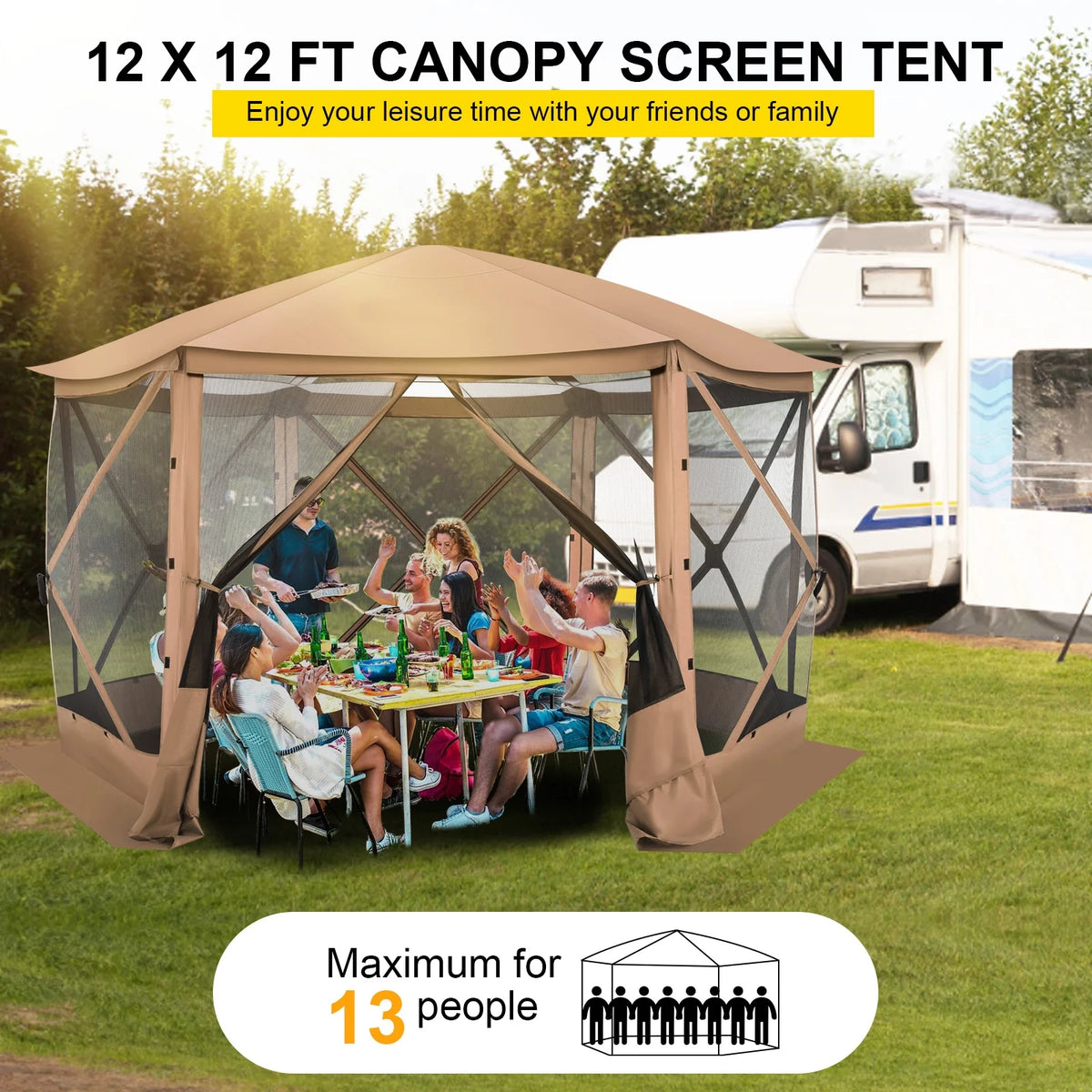 HOTEEL 12x12 Portable Pop-Up Outdoor Camping Gazebo, Screen Tent with Mosquito Nettings, Waterproof, UV, Bite Proof, Removable top Glamping Canopy with Carry Bag, Gray