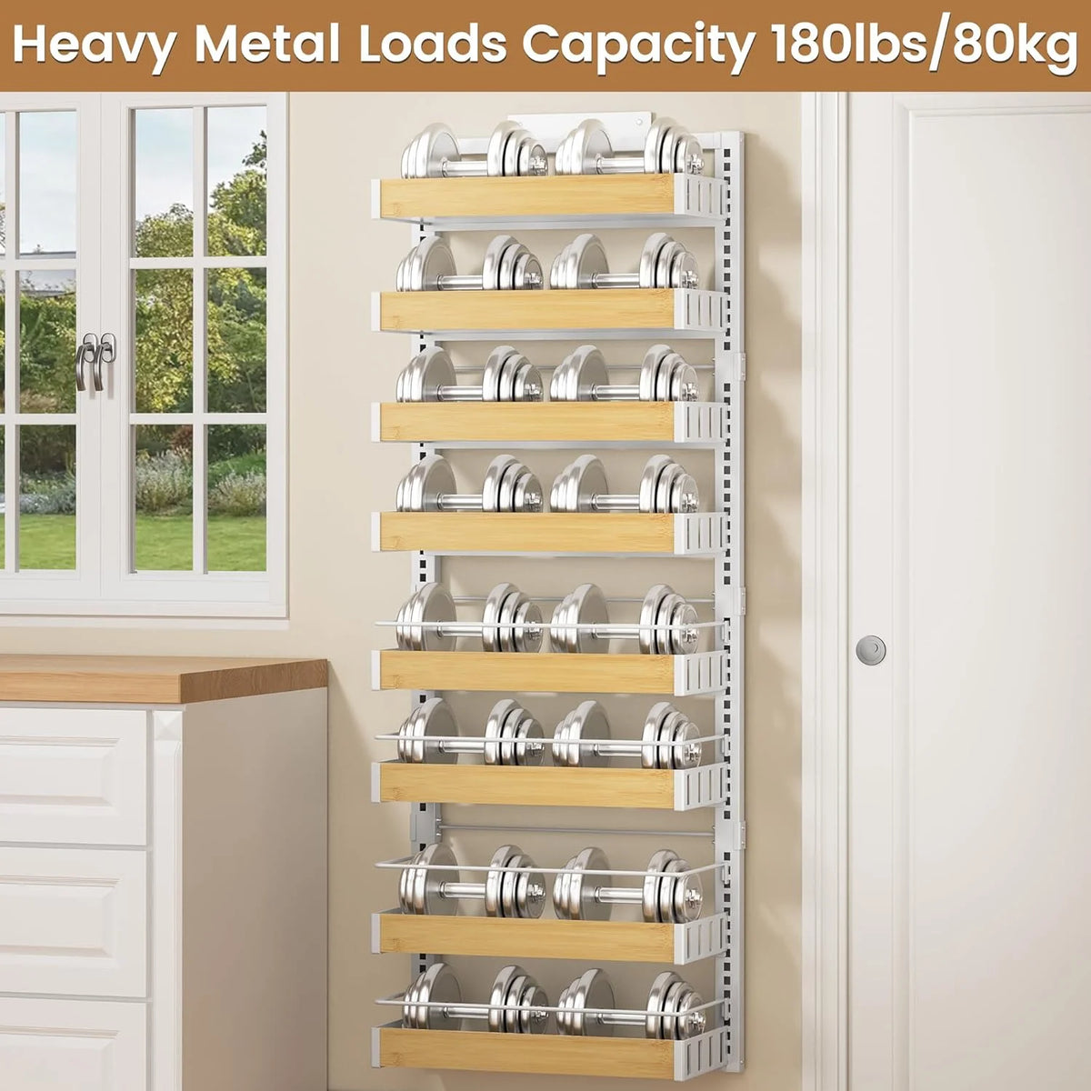 8 Tier Over The Door Pantry Organizer, 2 IN 1 Wall Mount or Hanging Spice Rack Seasoning Shelves with Adjustable Basket, Back of Door Organizer and Storage for Kitchen Cabinet and Room Closet