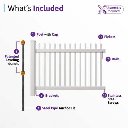 4ft H x 6ft W (1 Panel + 1 Post) No Dig WamBam Nantucket Fence Kit, White Vinyl Picket Fence Panel, Easy DIY Installation Fence Panel Kit, Durable Outdoor Fence for Yard or Garden, BL19101