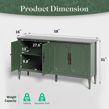 May in Color Console Cabinet, 58'' Wood Sideboard Buffet Cabinet with Storage & 4 Doors, Mid Century Modern Pantry Cabinet for Entryway, Living Room, Bedroom, Dining Room, Green