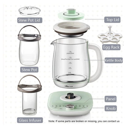 Bear Electric Kettle with Infuser & Stew Pot - 1.8L Health Pot, 16 Menus, Glass Kettle, Tea Maker, 120V, Green
