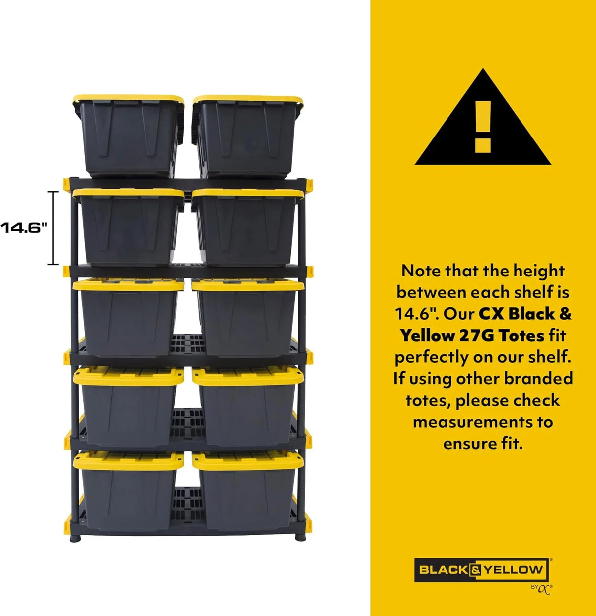Black & Yellow, 5-Tier Heavy Duty Plastic Storage Shelving Unit, 200lbs/shelf (72��H x 48��W x 20��D), for Indoor/Outdoor Organization, Modular Rack