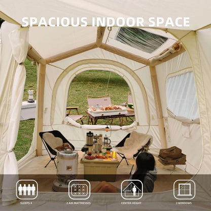 Beige 4-6 Person Inflatable Camping Tent (4-Season – 2-in-1 SUV/Tailgate+Standalone, 5min Setup, Waterproof Oxford, Mesh Windows)