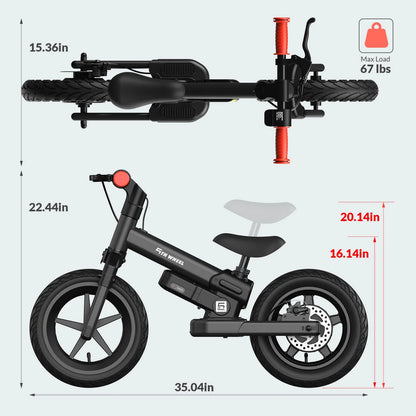 5Th Wheel KB09 150W Electric Balance Bike for Kids, Black - 12" Pneumatic Tire with Dual Brake