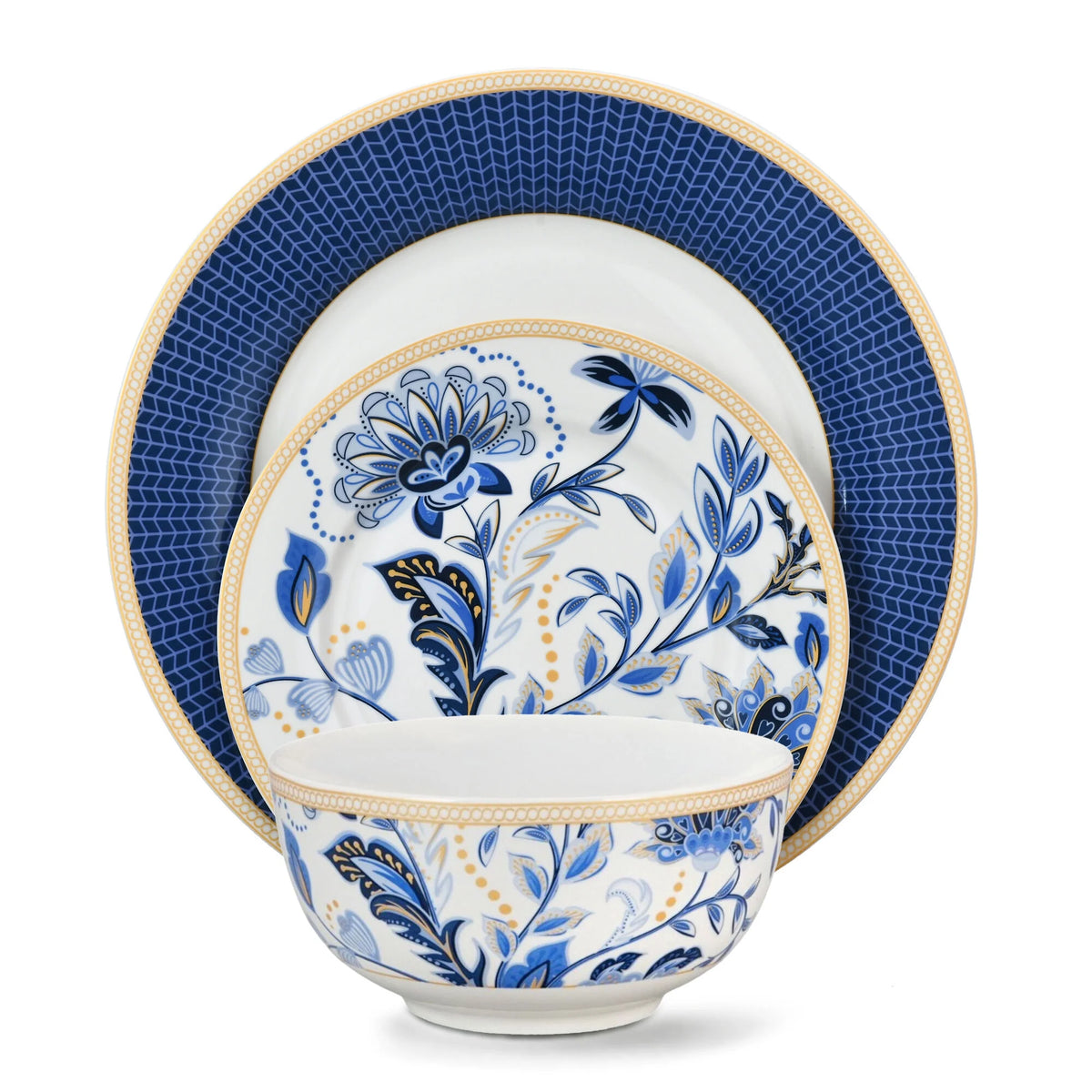 STP GOODS Melodie de Fleurs Bone China Dinnerware Set of 24 Service for 6 24-Piece Dish Set of Plates and Bowls, Blue Gold White