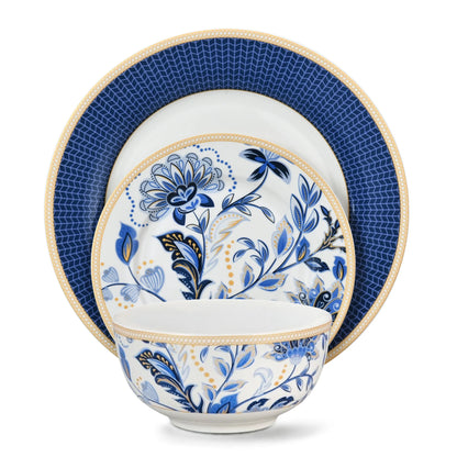 STP GOODS Melodie de Fleurs Bone China Dinnerware Set of 24 Service for 6 24-Piece Dish Set of Plates and Bowls, Blue Gold White