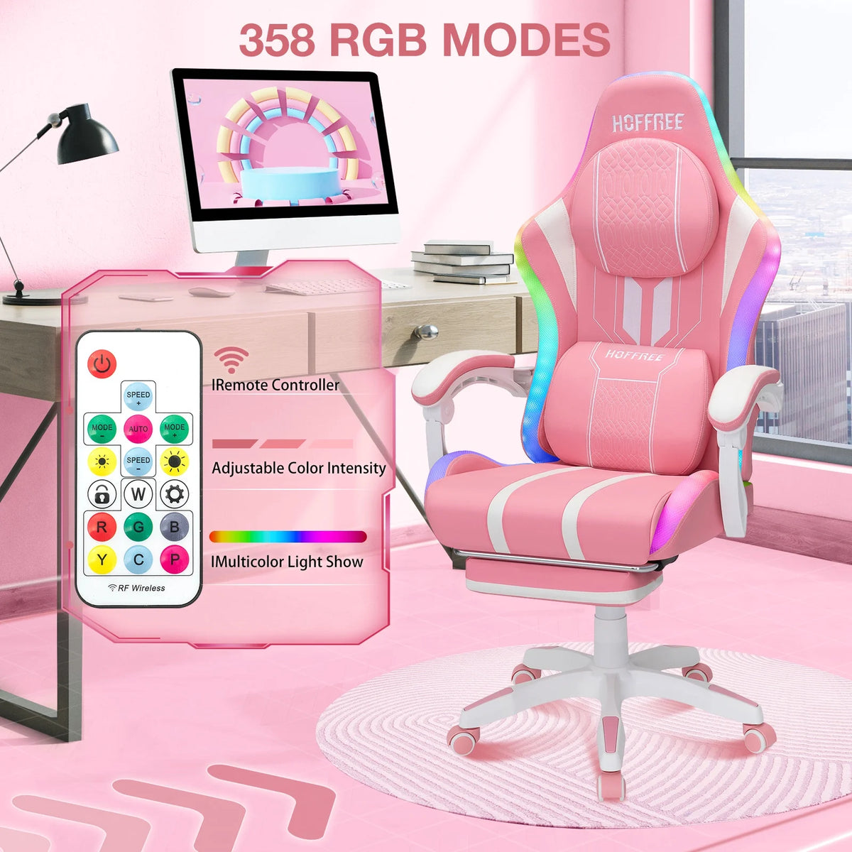 HOFFREE Big and Tall Gaming Chair with Speakers and RGB Lights, Gamer Chair with Footrest, Lumbar Support Height Adjustable 360-Swivel Seat and Headrest for Adults, 400lbs