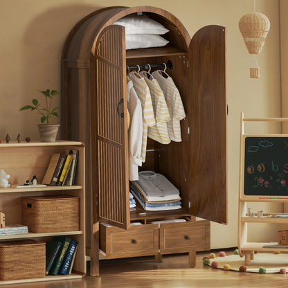Oubayajia Arched Armoire Wardrobe Closet with Fluted Doors, Wooden Wardrobe Closet with Drawers, Shelves and Hanging Rod for Bedroom