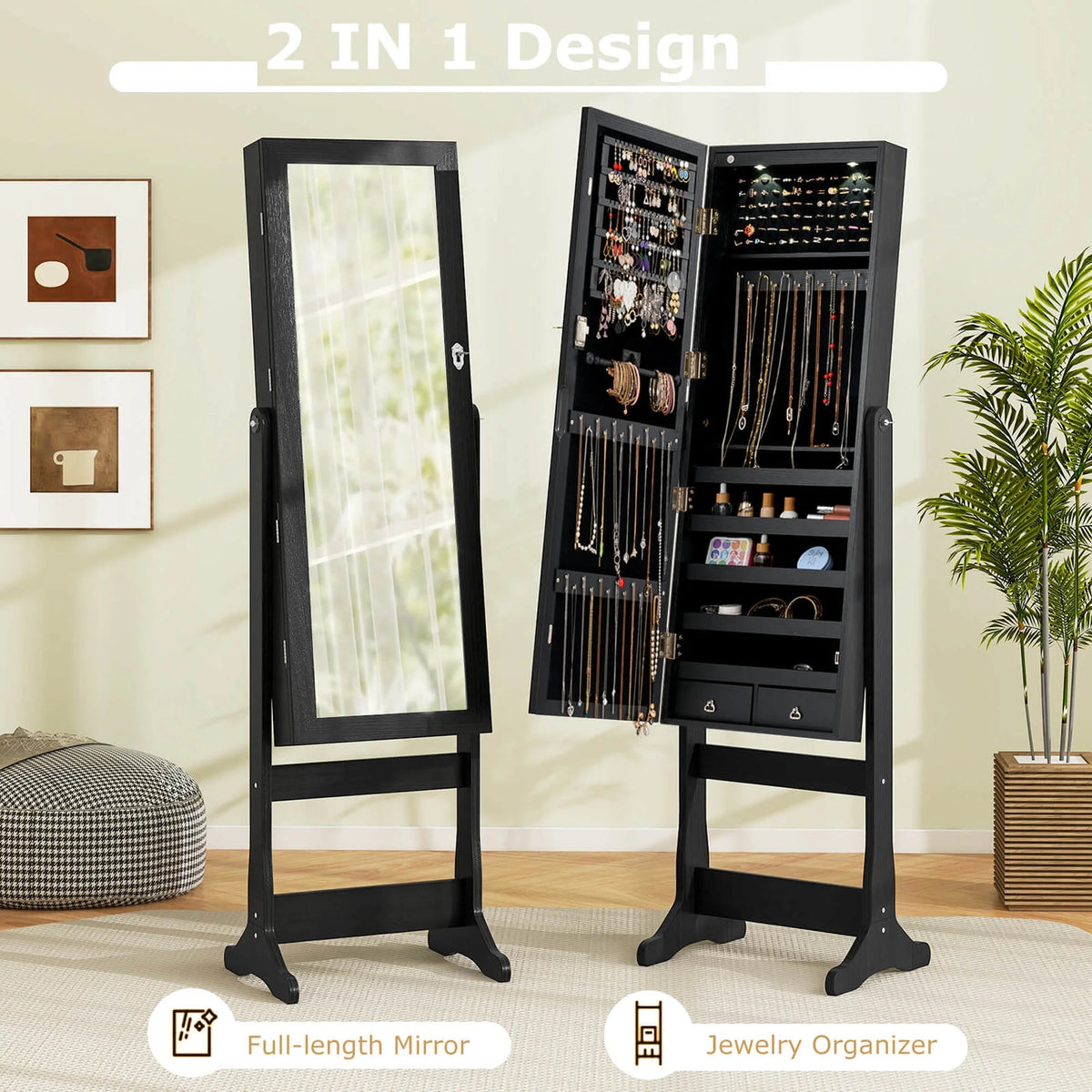 Costway Contemporary MDF Jewelry Cabinet with LED Lights in Brown