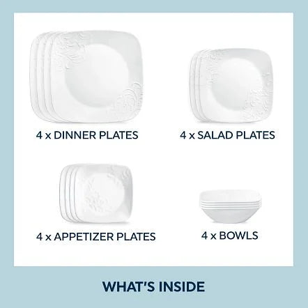 Corelle Cherish 16-Piece Embossed Square Glass Dinnerware Set (Service for 4)