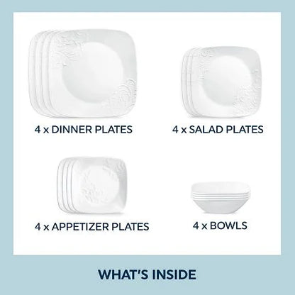 Corelle Cherish 16-Piece Embossed Square Glass Dinnerware Set (Service for 4)