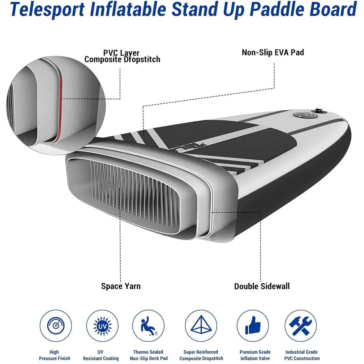 TELESPORT Paddle Boards Inflatable Paddleboard with Accessories, Black